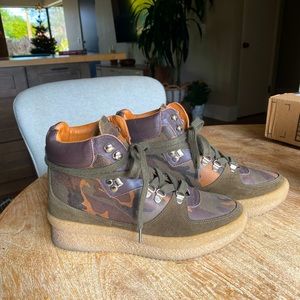 Shellys London Tristen Camo Suede Ankle Sneaker Lace up Wedge Booties